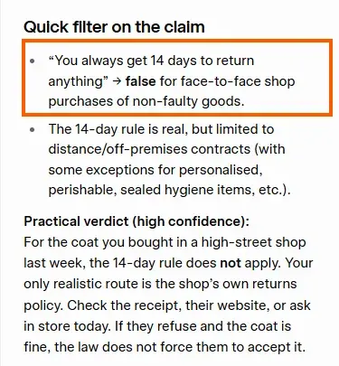 Grok's quick filter on the claim, boxed in orange: the line quoting you always get 14 days to return anything, marked false for face-to-face shop purchases of non-faulty goods.