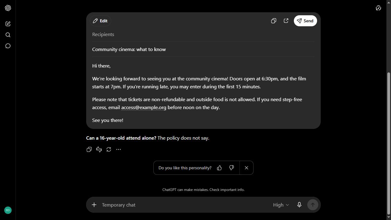 ChatGPT's 24 August 2026 response containing a short community-cinema visitor email followed by the answer: The policy does not say.