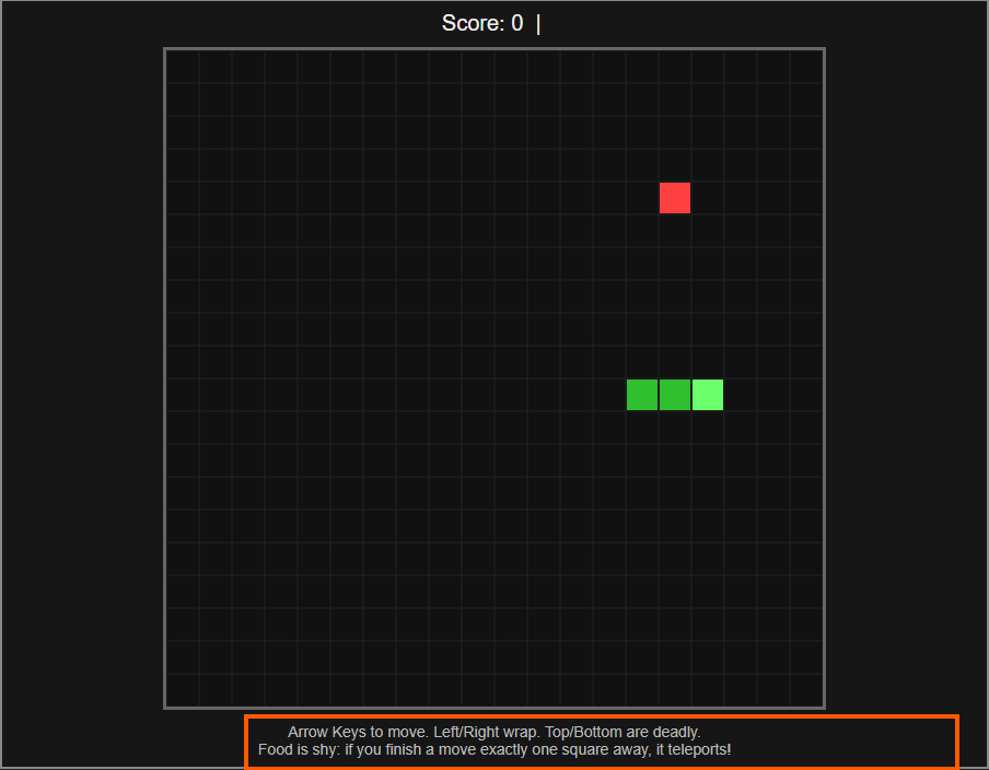 ChatGPT's first game build running in the sandbox, with a green player, red food, score zero and the shy-food rule visible beneath the board.
