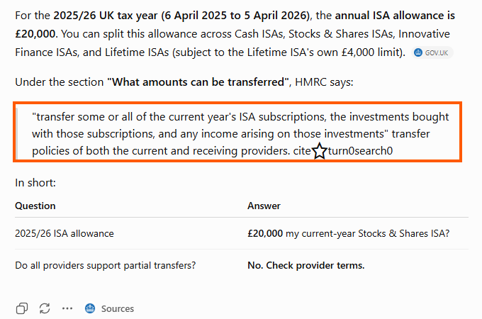 The full ChatGPT ISA answer showing the current transfer claim, a GOV.UK source pill and an unresolved citation marker in the answer text.