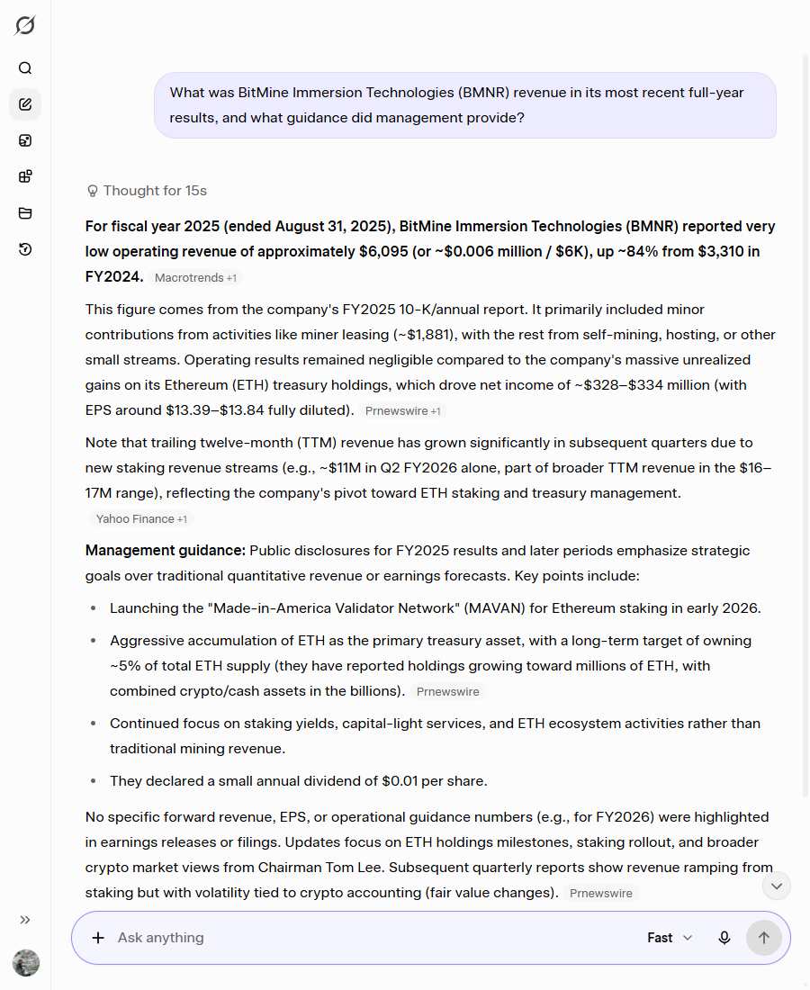 Grok's response reporting BMNR revenue as $6,095 rather than $6.095 million, with an 84% growth narrative built on the wrong figure