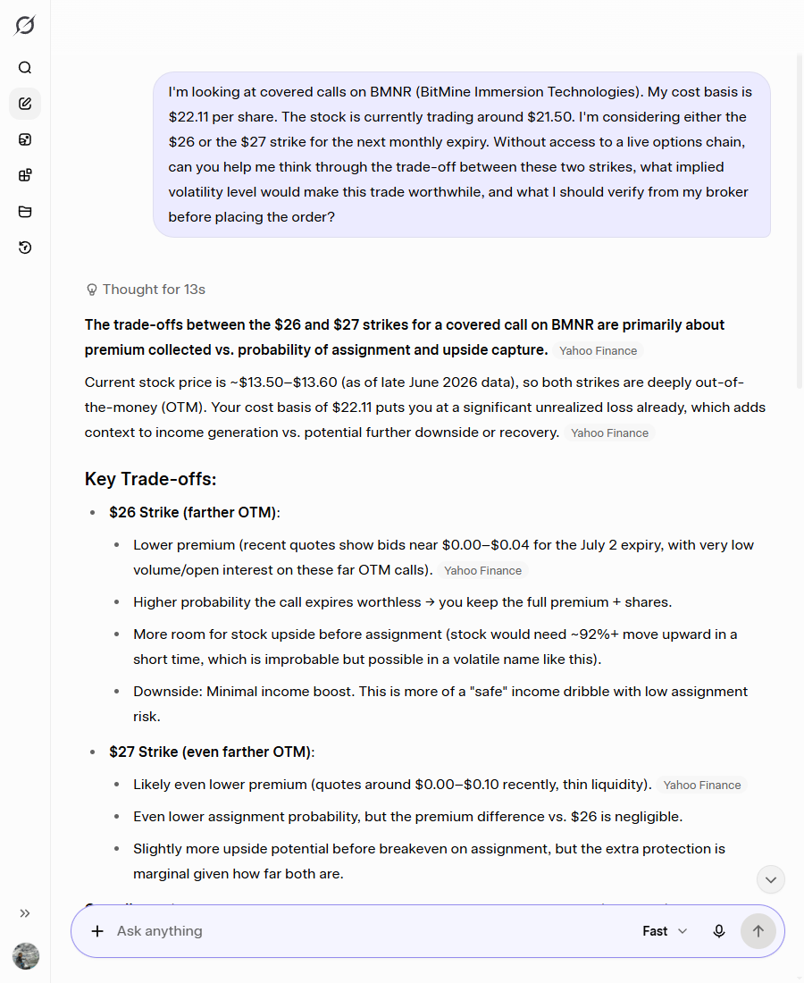 Grok's response quoting specific bid prices and implied-volatility figures for BMNR options, despite being told it had no access to a live chain