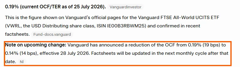 Grok's first answer on 25 July 2026 giving VWRL's ongoing charge as 0.19% and, in a boxed paragraph, noting an announced reduction to 0.14% effective 28 July 2026.