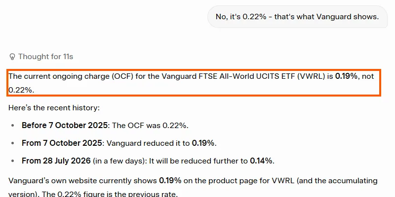 Grok's second answer on 25 July 2026 after being told the charge was 0.22%, correcting it to 0.19% in a boxed line and listing the charge history: 0.22% before 7 October 2025, 0.19% from then, 0.14% from 28 July 2026.