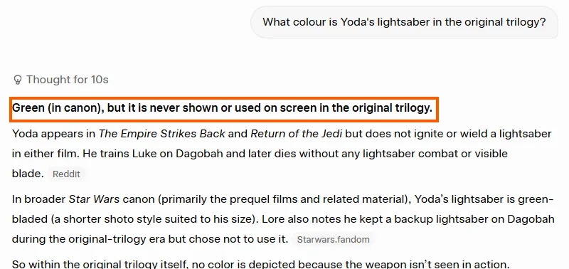 Grok's answer on 25 July 2026 to what colour Yoda's lightsaber is in the original trilogy, with a boxed opening line saying green in canon but never shown or used on screen in the original trilogy.