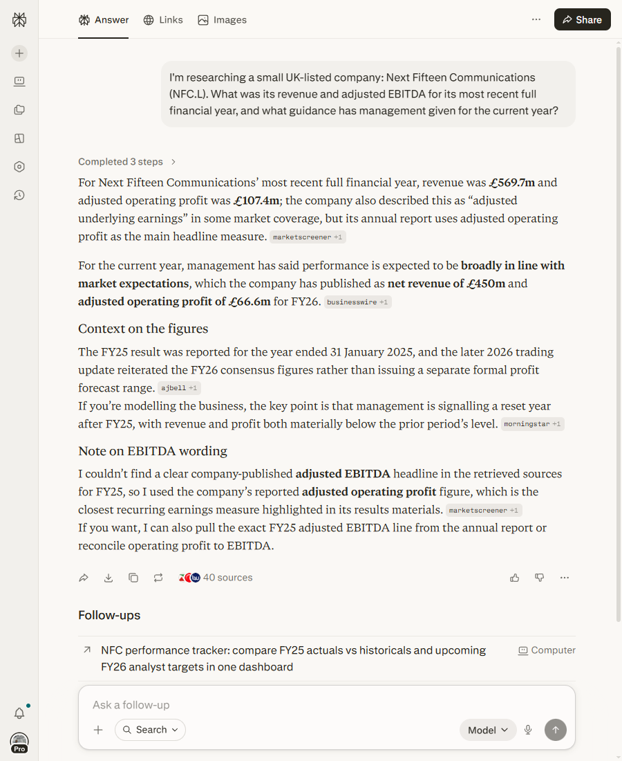 Perplexity's answer on Next Fifteen Communications showing sourced revenue and profit figures and an explicit note that it could not find an adjusted EBITDA line