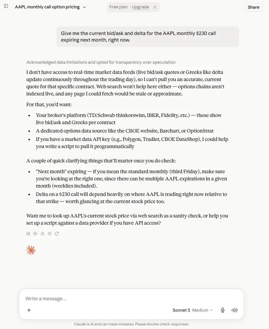Claude declining to give a quote, explaining that options chains are not indexed live, and listing broker platforms and data providers instead.