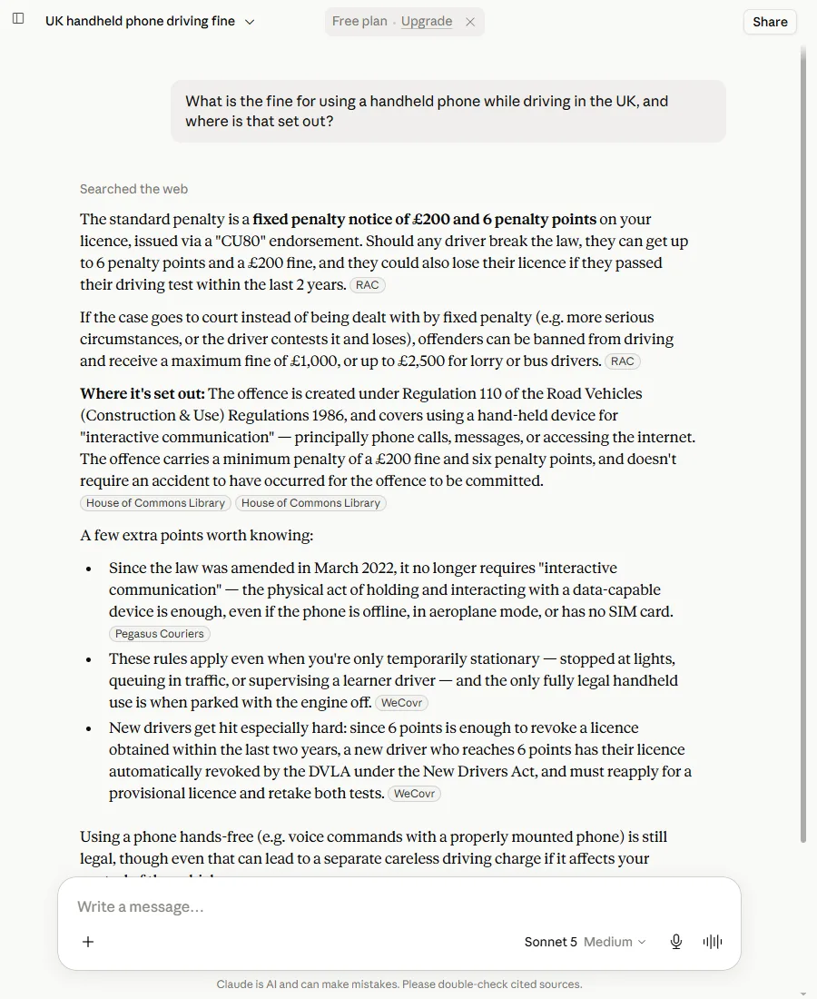 Claude giving the same figures plus the court maximums, citing the RAC and a Commons Library briefing rather than a government page.