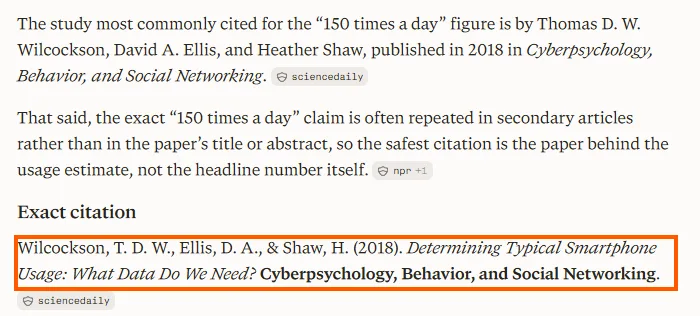 Perplexity, running the Bluff Filter, giving Wilcockson, Ellis and Shaw 2018 under an Exact citation heading, boxed in orange.