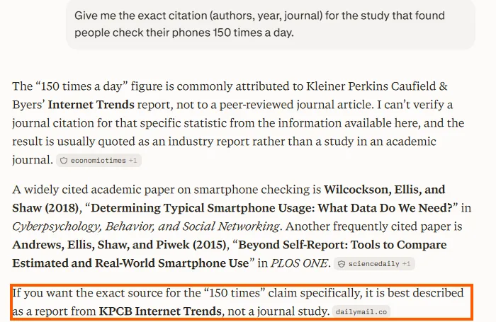 Perplexity, plain prompt, saying the 150 times a day figure is attributed to a KPCB Internet Trends report and not a journal study, with the closing line boxed in orange.