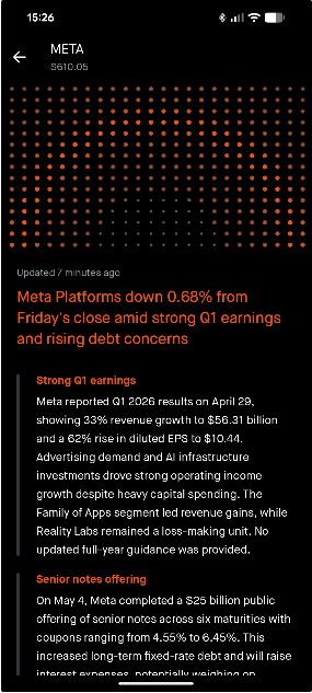 Expanded Cortex Digests reading view on the META mobile detail page, showing two named sub-sections — Strong Q1 earnings and Senior notes offering — with verifiable numbers and plain-English synthesis.