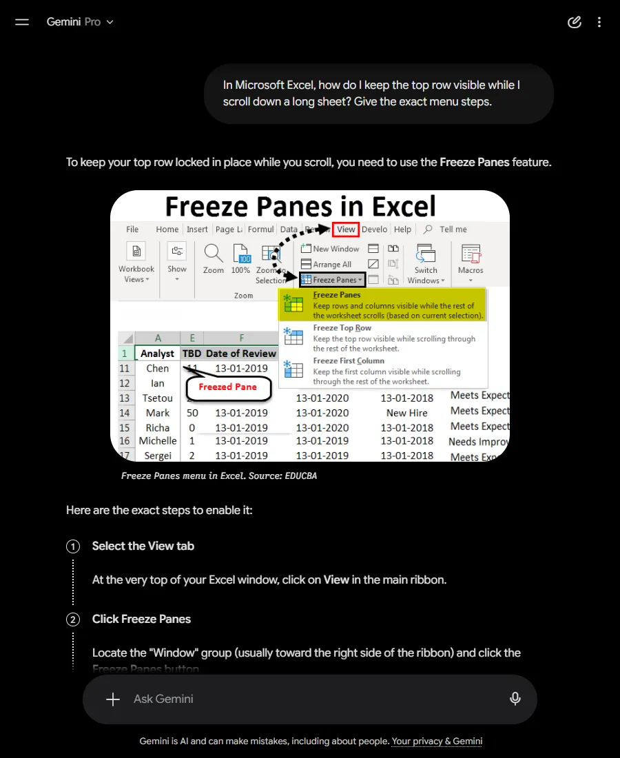 Gemini explaining the Freeze Panes feature with an embedded image of the Excel menu.
