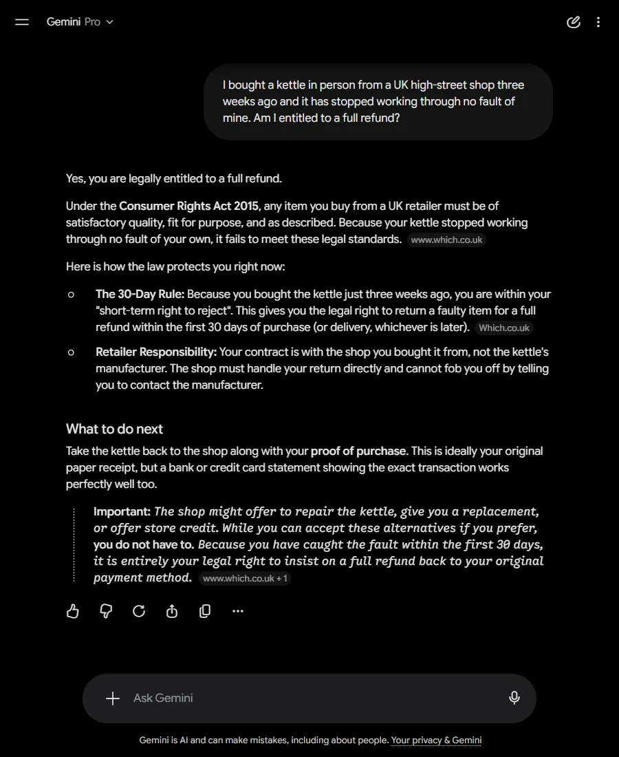 Gemini answering that you are legally entitled to a full refund, with two citation chips reading which.co.uk.