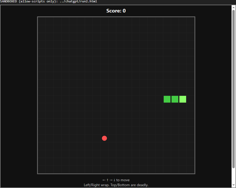 ChatGPT's Snake game running inside a sandboxed frame: a grey grid on black, a three-square green snake, a red dot for food, and Score: 0 above the board.