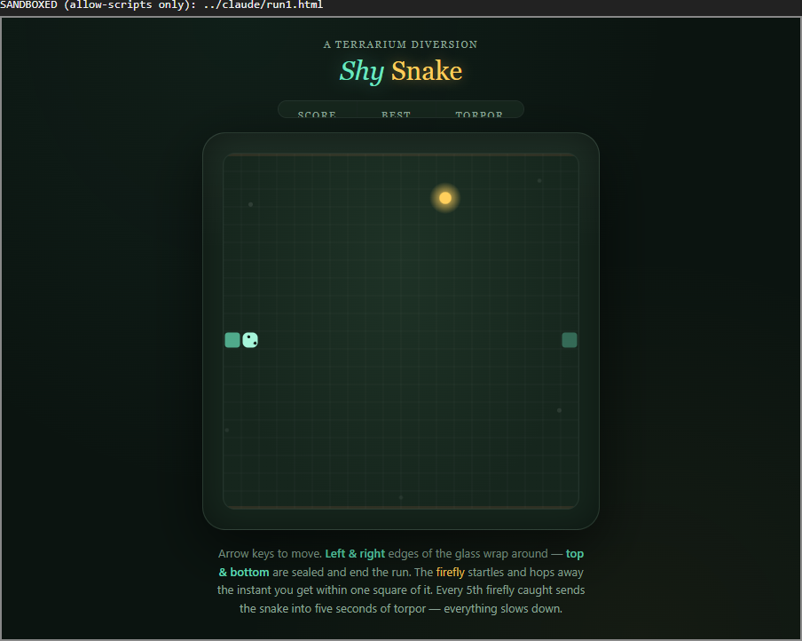 Claude's Snake game inside a sandboxed frame: a dark green board headed A Terrarium Diversion, Shy Snake, with a pale teal snake with a face on the left, a glowing amber firefly for food, and a score bar reading Score, Best, Torpor.