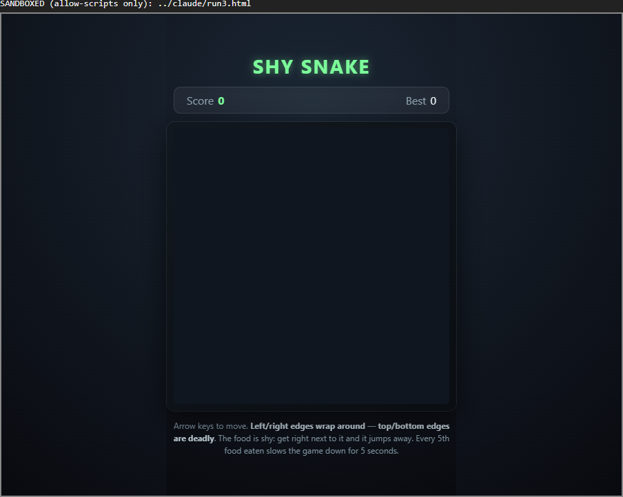 Claude's Snake game inside a sandboxed frame: an empty board with Score 0 and Best 0, and no snake drawn anywhere on it.