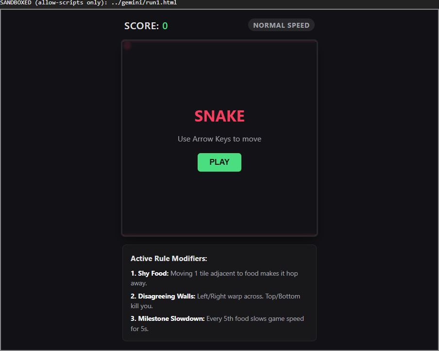 Gemini's Snake game inside a sandboxed frame: Score 0 and a Normal Speed badge above a title card reading SNAKE with a green PLAY button, and a panel below headed Active Rule Modifiers listing all three rule changes.