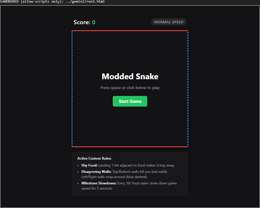 Gemini's build inside a sandboxed frame: a Modded Snake title screen with a green Start Game button, a NORMAL SPEED badge, and a panel headed Active Custom Rules listing all three rule changes.