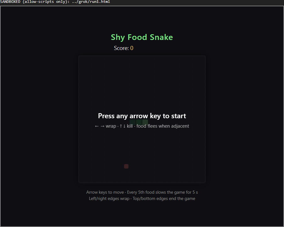 Grok's Snake game inside a sandboxed frame, showing the words Press any arrow key to start written across the board.