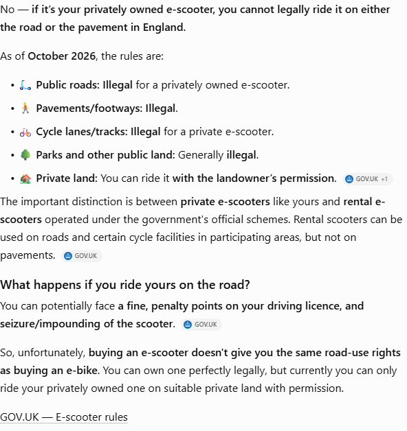 ChatGPT's answer, as captured: Said no to both road and pavement for a private scooter; rental schemes differ; private land only.