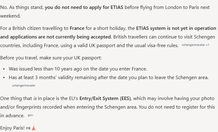 Copilot's answer, as captured: No ETIAS needed: not in operation; listed passport rules and mentioned EES biometrics at the border.