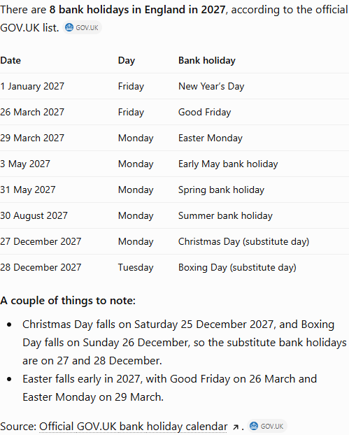 ChatGPT's answer to question 1, try 2: Eight, same table as r1; names 25 Dec as Saturday and 26 Dec as Sunday, with 27 and 28 Dec as the substitute days off; GOV.UK linked.