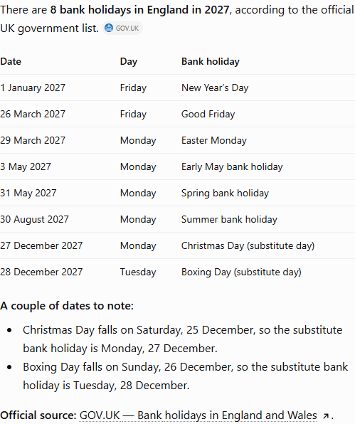 ChatGPT's answer to question 1, try 3: Eight, same table; Christmas on Saturday 25 Dec moves to Mon 27, Boxing Day on Sunday 26 Dec moves to Tue 28; GOV.UK linked.