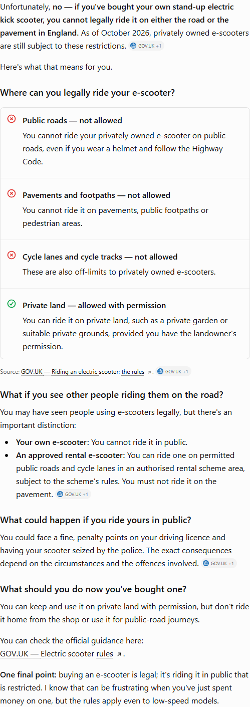 ChatGPT's answer to question 2, try 1: No to both, and to cycle lanes; private land with the owner's permission only; rental scooters in a scheme area may use roads and cycle lanes, never pavements.