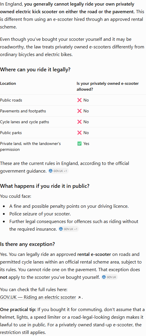 ChatGPT's answer to question 2, try 2: No to both; its table also rules out cycle lanes and parks, allows private land with permission, and says the rental exception does not cover this scooter.
