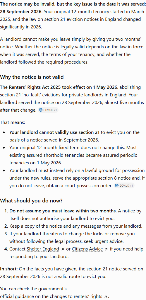 ChatGPT's answer to question 3, try 3: Opened with "may be invalid", then a "Why the notice is not valid" section and a labelled "In short" conclusion: not a valid route; section 21 abolished 1 May 2026; tenancy now assured periodic; section 8 needed.