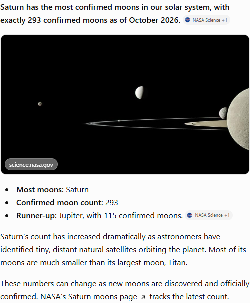 ChatGPT's answer to question 5, try 1: Saturn, exactly 293 confirmed moons (dated October 2026, NASA linked); Jupiter runner-up with 115.