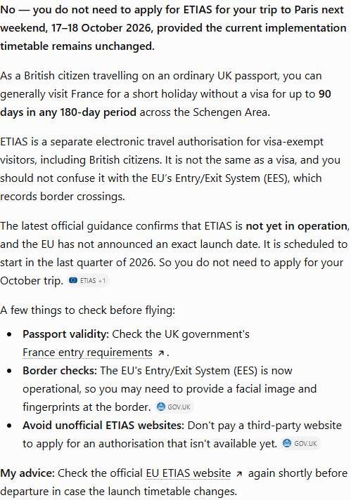 ChatGPT's answer to question 6, try 1: Said no ETIAS is needed for this trip because it is not yet in operation and no launch date is set; called EES a separate border system and warned off unofficial ETIAS sites.