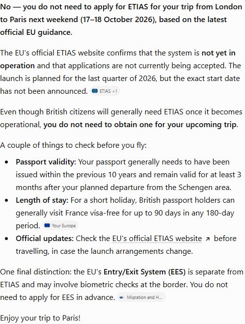 ChatGPT's answer to question 6, try 2: Said no, the EU site confirms ETIAS is not in operation and no start date is announced; EES is separate and needs no advance application.