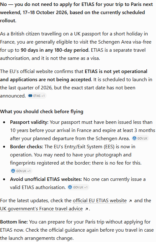 ChatGPT's answer to question 6, try 3: Said no, ETIAS is not yet operational or accepting applications; noted EES photo and fingerprint registration at the border and the passport validity rules; its labelled bottom line agrees.