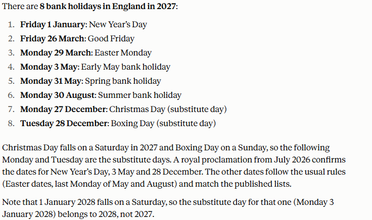 Claude's answer to question 1, try 3: Eight, same list as r2; Christmas on a Saturday and Boxing Day on a Sunday, so the Monday and Tuesday after are the days off; notes the 1 Jan 2028 substitute falls in 2028.