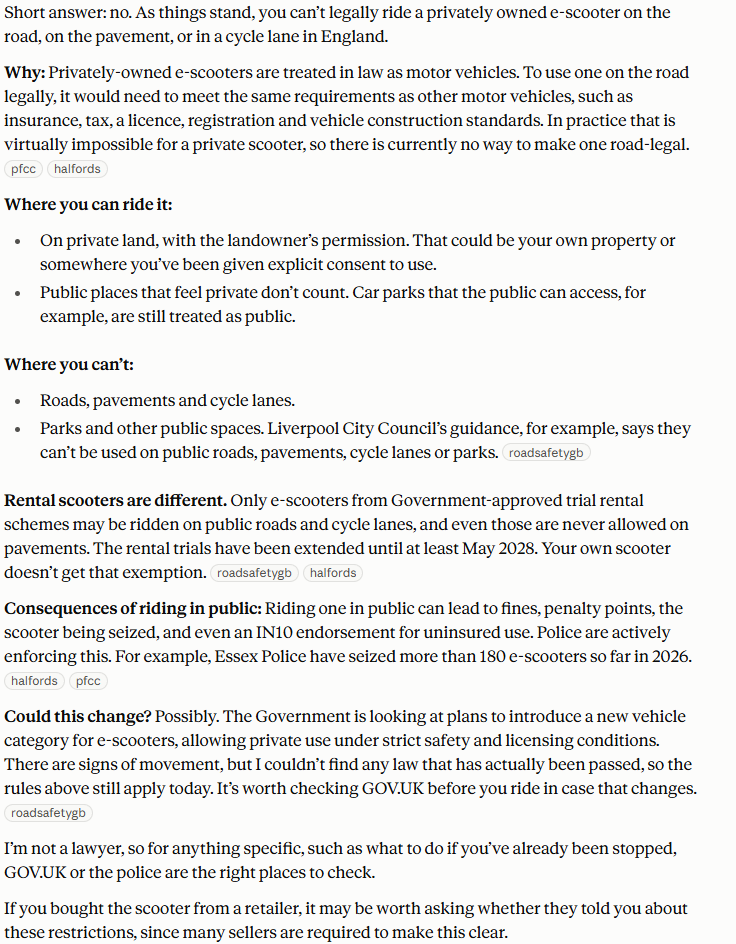 Claude's answer to question 2, try 1: No to road, pavement and cycle lane; private land with permission only; approved rental trials are the only exception; a possible future change is noted as not yet law.