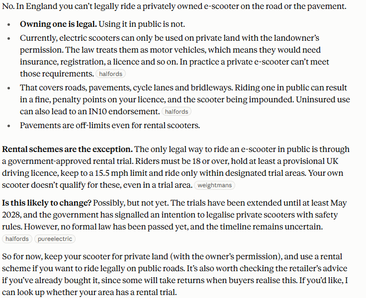 Claude's answer to question 2, try 3: No to both; also cycle lanes and bridleways; private land with permission only; rental trials are the only legal public use; no law change passed yet.