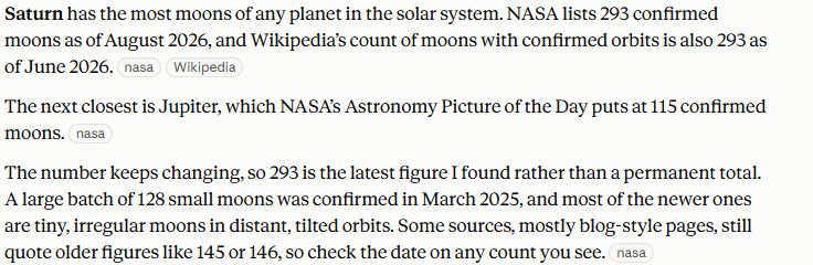 Claude's answer to question 5, try 3: Saturn, 293 confirmed (NASA, August 2026); Jupiter 115; warns that some pages still quote older figures.