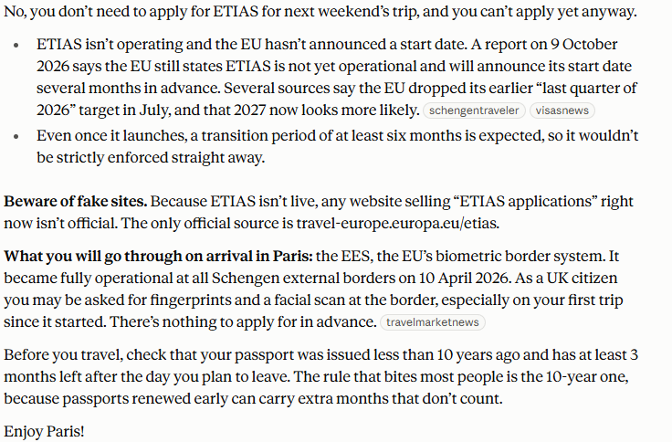 Claude's answer to question 6, try 3: Said no, ETIAS is not operating and has no start date; a transition of at least six months is expected; EES biometrics at the border need no advance application.