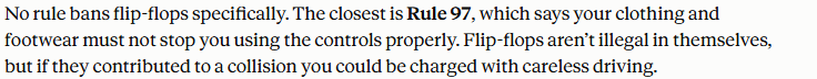 Claude's answer to question 7, try 3: Says no rule bans flip-flops and they are not illegal in themselves; Rule 97 worded as 'must not'; adds a careless-driving risk.