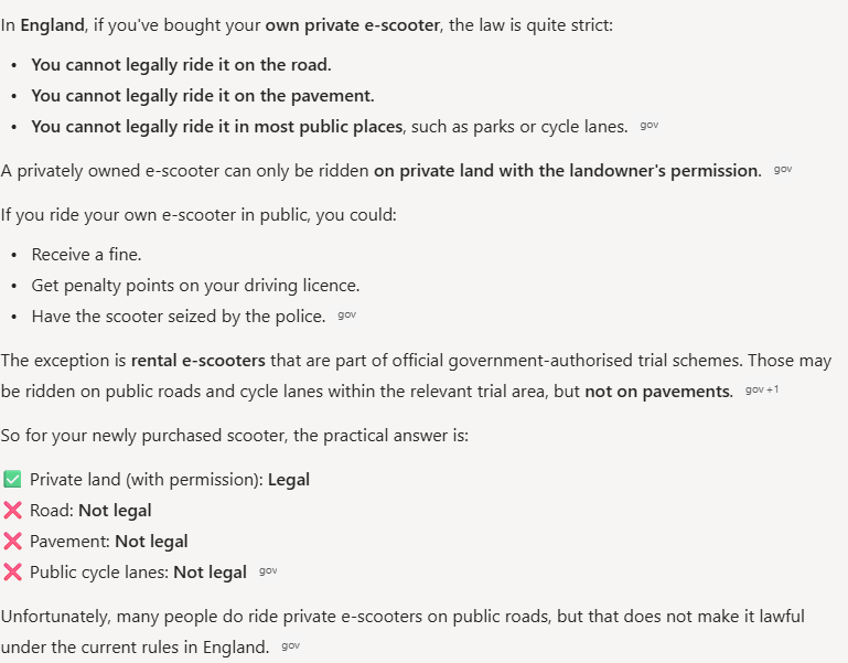 Copilot's answer to question 2, try 3: Road not legal, pavement not legal, public cycle lanes not legal; private land with permission legal; rental scooters only within the relevant trial area and not on pavements.