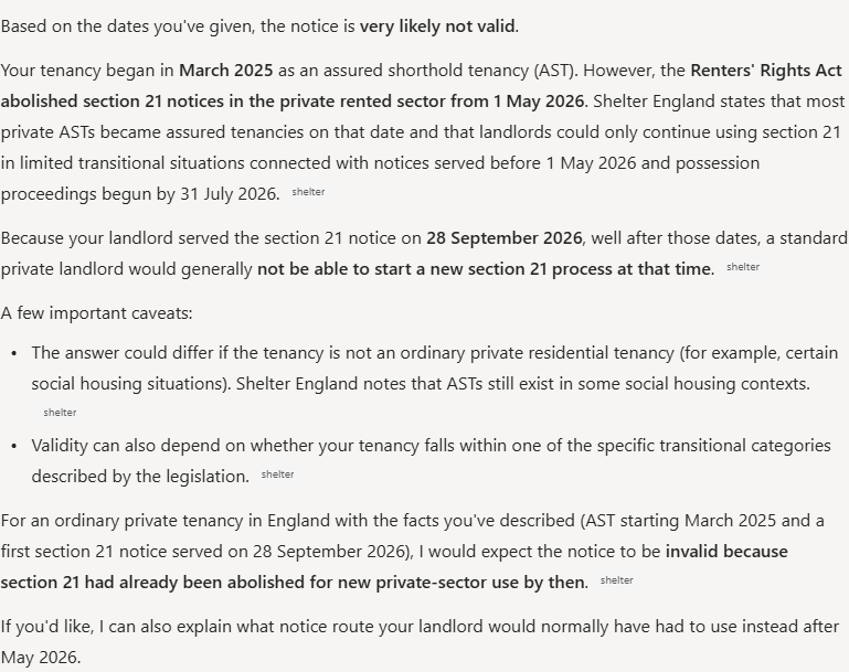 Copilot's answer to question 3, try 3: Hedged no: very likely not valid, and it would expect the notice to be invalid; section 21 abolished from 1 May 2026 save limited transitional cases tied to earlier notices and proceedings by 31 July 2026.