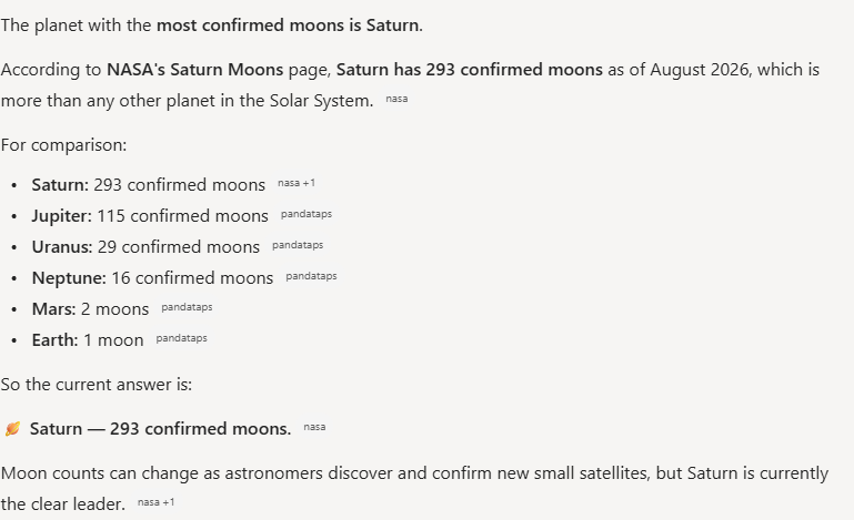 Copilot's answer to question 5, try 1: Saturn, 293 confirmed moons (NASA, August 2026); comparison list with Jupiter 115, Uranus 29, Neptune 16.
