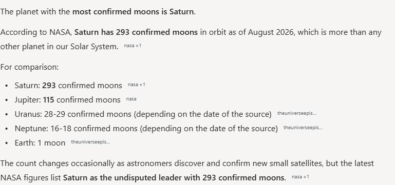 Copilot's answer to question 5, try 2: Saturn, 293 confirmed (NASA, August 2026); Jupiter 115; Uranus and Neptune given as ranges by source date.