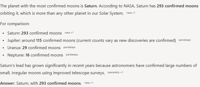 Copilot's answer to question 5, try 3: Saturn, 293 confirmed (NASA); Jupiter 'around 115'; closes with a labelled answer, Saturn with 293.