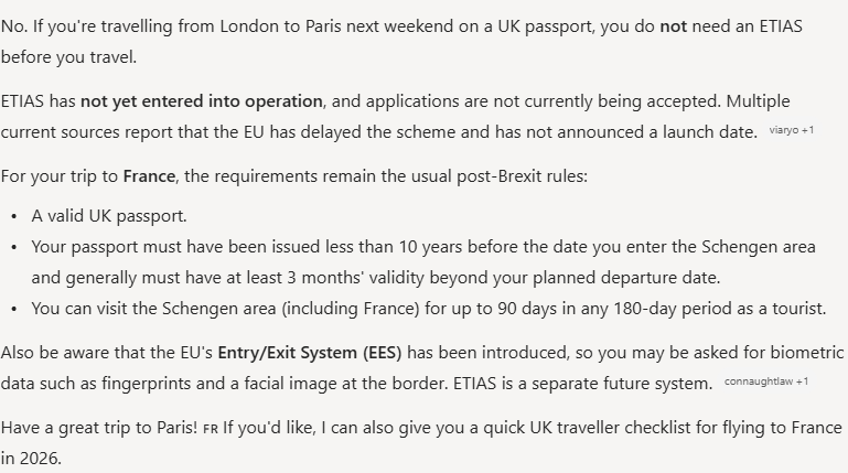 Copilot's answer to question 6, try 1: Said no, ETIAS is not in operation and no launch date is announced; gave the passport and 90/180 rules; EES biometrics at the border, ETIAS a separate future system.