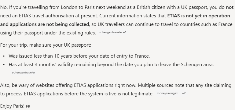 Copilot's answer to question 6, try 2: Said no ETIAS is needed at present because it is not in operation; gave the passport validity rules and warned off sites selling ETIAS applications.