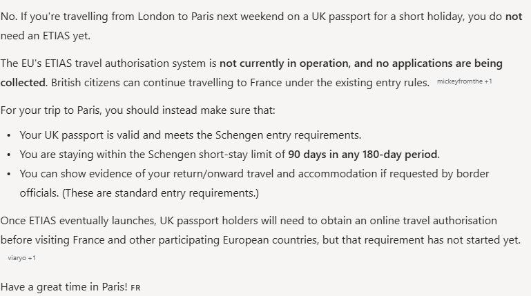 Copilot's answer to question 6, try 3: Said no, ETIAS is not in operation and collects no applications; listed standard entry checks; UK holders will need it once it eventually launches.