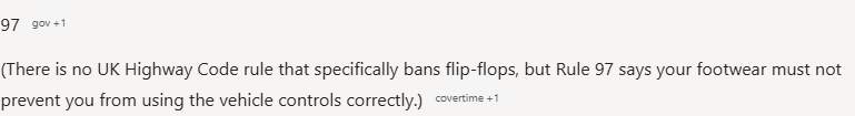 Copilot's answer to question 7, try 1: Gives '97', then adds that no rule specifically bans flip-flops, with Rule 97 worded as 'must not'.