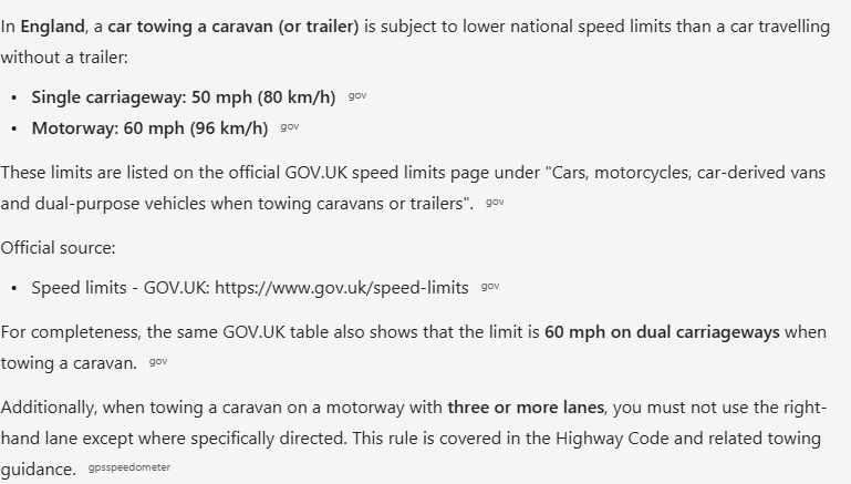 Copilot's answer to question 9, try 3: Gave 50 and 60 mph citing the GOV.UK towing row and the URL as plain text; 60 on dual carriageways; the right-hand lane ban, cited to a speedometer site.